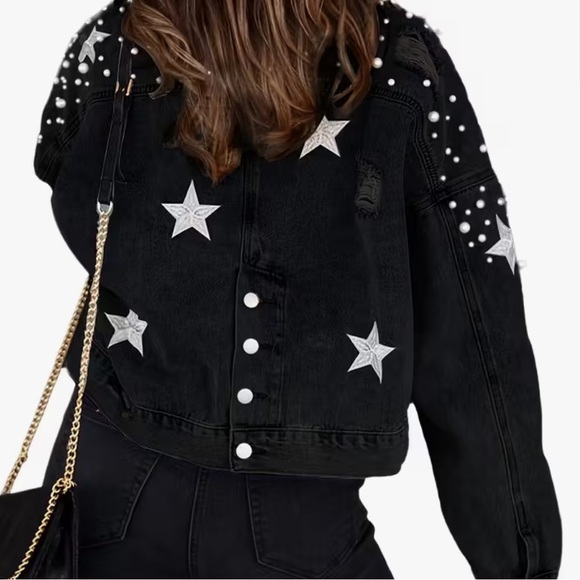 73. Denim Star Embroidered Jacket | Pearl Embellished Jacket - Picture 2 of 2
